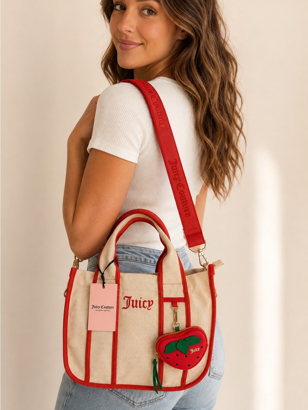 Juicy Couture “Have A Juicy Day” Medium Tote Natural Red Strawberry Charm Bag